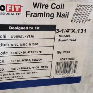 Pro-Fit 0616693 Coil Collated Framing Nail, 0.131 in x 3-1/4 in, 15 deg, Steel