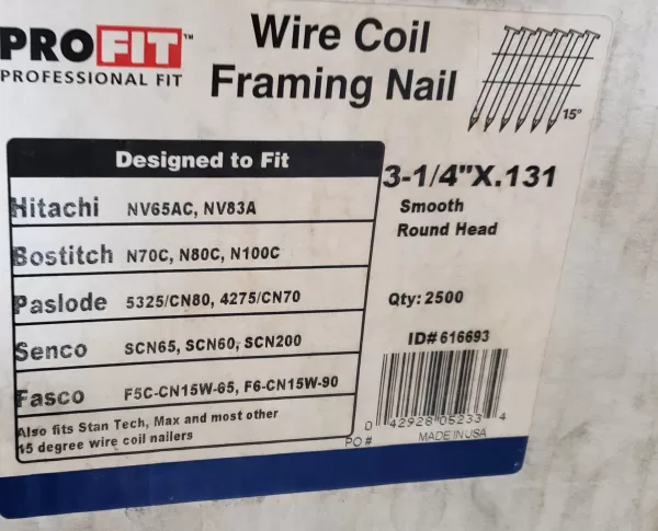 Pro-Fit 0616693 Coil Collated Framing Nail, 0.131 in x 3-1/4 in, 15 deg, Steel