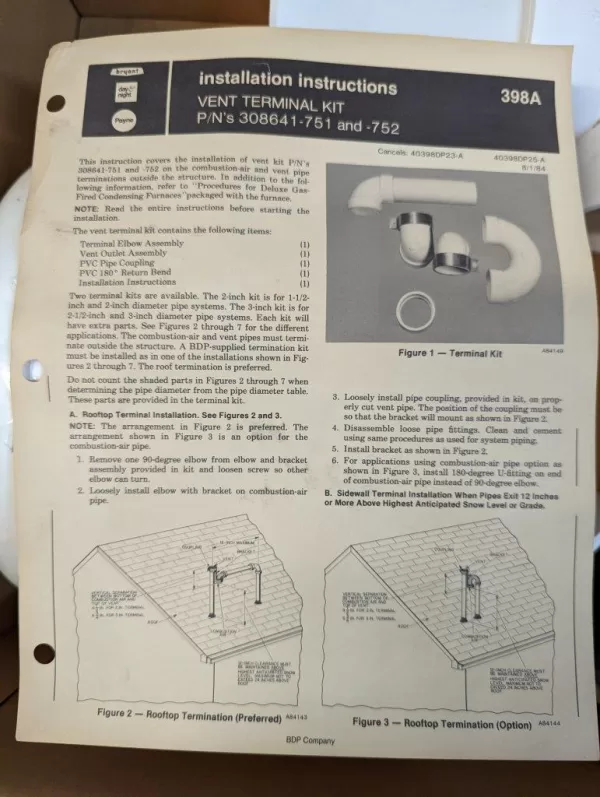 Bryant 2″ Vent Terminal Kit 308641-751 & -752 Rooftop Combustion-Air Vent Pipe 398A