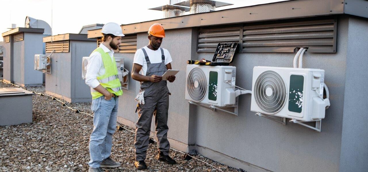 HVAC workers with tablet fixing rtu air conditioner on plant roof
