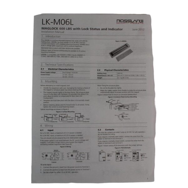 Rosslare Security, LKM06L Magnetic Lock with Lock Status and Indicator, 600 LBS 12/24 VDC