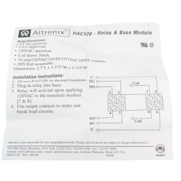 Altronix RAC120 Relay and Base Module