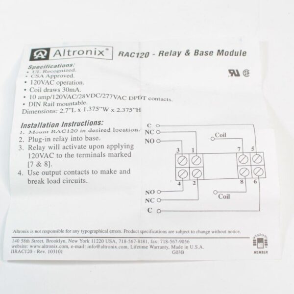 Altronix RAC120 Relay and Base Module