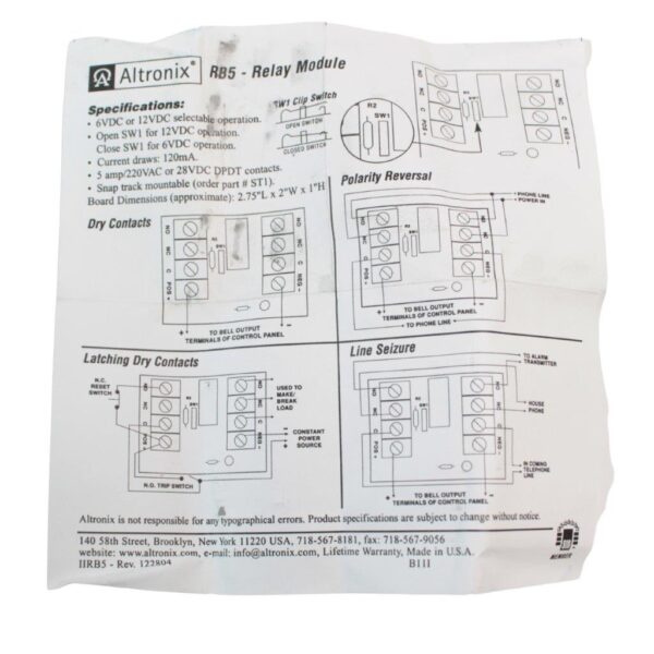 Altronix RB5 Relay Module 6 VDC or 12 VDC DPDT Contacts