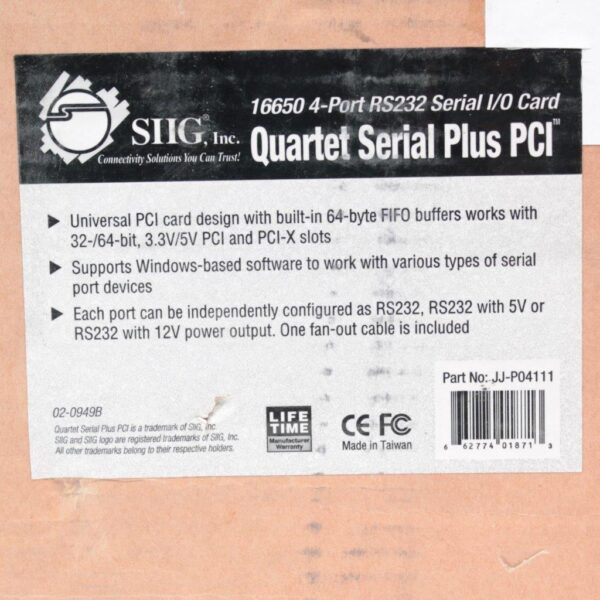 Siig JJ-P04111 Quartet Serial Plus Pci Four 16650 4-Port RS232 Serial I/O Card